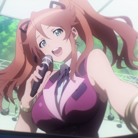 score_9,score_8_up,score_7_up, aya_sugihara, 1girl, microphone, twintails, solo, open mouth, breasts, bracelet, long hair, jewelry, brown hair, singing, large breasts, idol, music, holding microphone, ribbon, smile, hair ribbon, reaching, sleeveless, pink waistcoat, white collared_shirt,