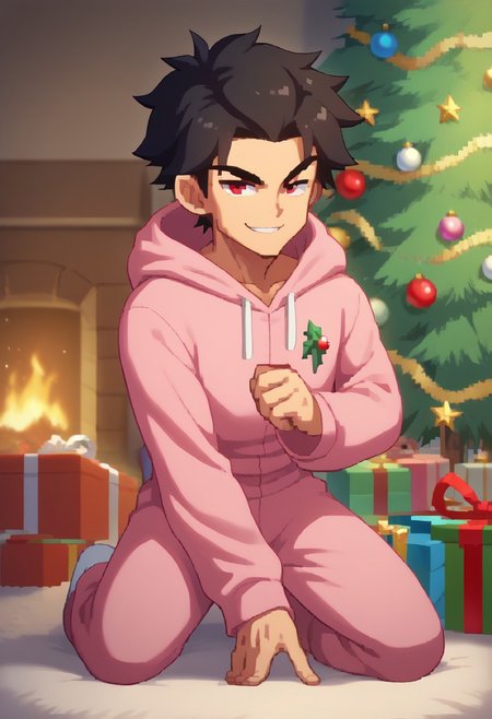 score_9, score_8_up, score_7_up, masterpiece, sz4d3k, BREAK 
solo, 1boy, human, young, cute, red eyes, black hair, pale skin, naughty face, pink onesie, on knees,
presents, christmas tree,