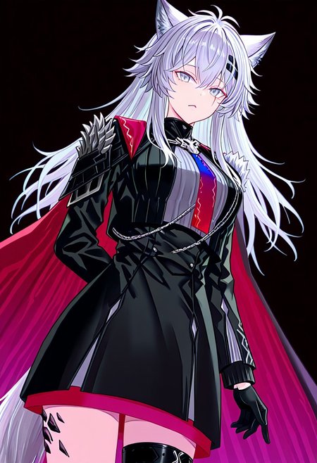 score_9, score_8_up, score_7_up, score_6_up, score_5_up, score_4_up, source_anime, solo, 1girl, 
oripathy lesion \(arknights\), lpddcdza, scar across eye, wolf tail, long hair, grey hair, hair between eyes, messy hair, hairclip, animal ears, animal ear fluff, grey eyes, two-sided cape, black cape, red cape, black jacket, cropped jacket, open jacket, long sleeves, grey shirt, gradient necktie, blue necktie, red necktie, black gloves, black skirt, high-waist skirt, buttons, double-breasted, thigh strap, 
masterpiece, best quality, very aesthetic, absurdres,