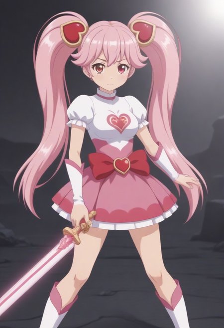 (outdoor, rubble, fantasy background, dim lighting:1.5), 
8k, super high vision:, intricate details, Super high quality, Super high resolution, masterpiece, full color, (anime art, anime screencap:1.5), 
super cute girl, super cute face, 
narrow waist, top heavy, tiny hips, small hips, skinny, tiny hips, hips, thigh, thighs, 
(brave perspective, holding sword, hold with both hands, thunder sword, dynamic, standing:1.5), 
(magical girl, short sleeve, skirt, knee socks:1.5), 
(beautiful breasts, medium breasts:1.5), 
(1girl, soro:1.5), 
(lyrica, long hair, pink hair, twin tails, heart twintail ribbon, short girl, petite, cowboy shot:1.5),