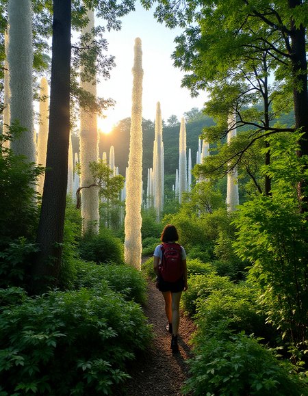 A photograph of an adventurous 21-year-old Korean woman hiking through a lush green forest on a solo trek in Seoraksan National Park, where the trees have transformed into towering, crystalline spires that refract and reflect the light of the setting sun., <lora:amateurphoto-v5-14-15-1-1:0.4> <lora:Another_Amateur_Lora:0.4> <lora:Phlux:0.4> <lora:UltraRealistic_Lora_Project:0.4>