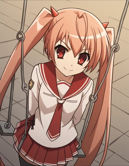 score_9, score_8_up, score_7_up, source_anime, <lora:aria-holmes-kanzaki-s1-ponyxl-lora-nochekaiser:1>, aria holmes kanzaki, long hair, red eyes, twintails, pink hair,, skirt, thighhighs, school uniform, serafuku, zettai ryouiki, white shirt, long sleeves, red sailor collar, necktie, red necktie, red skirt, pleated skirt,, public park, playground, swing set, laughter, sunny day, smile, hands behind back, bent over,, looking at viewer, solo,, dutch angle, cowboy shot