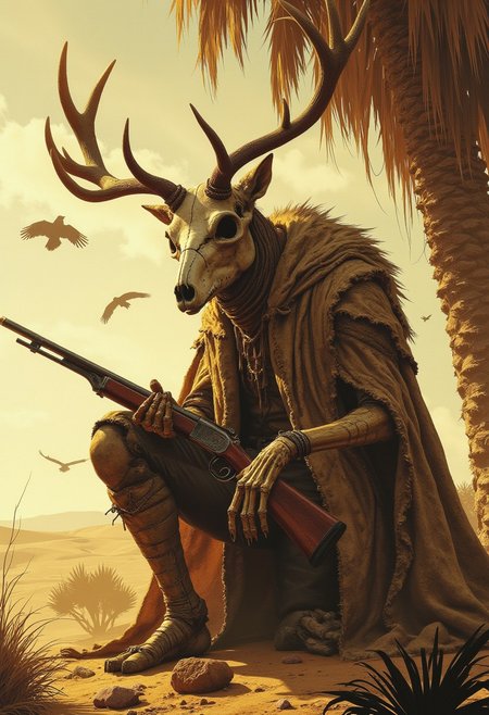ZooPolis art. A cinematic, hyper-detailed close-up of a haunting desert sentinel: a weathered deer skull crowned with towering, spiraled antlers, draped in the ragged pelt of a desert wolf. The figure kneels in the scorching shade of a skeletal palm tree, its bone fingers wrapped around an antique lever-action rifle, barrel still smoking. The wolf’s empty eye sockets align eerily with the skull’s own hollow gaze, as if two spirits share one body. Golden desert light slices through the palm’s withered fronds, casting intricate shadows across the cracked bone and matted fur. The air shimmers with heat, distorting the dunes beyond, where vultures circle something unseen. The scene pulses with silent tension—this is both hunter and hunted, a ghost of the wastes waiting for its next move