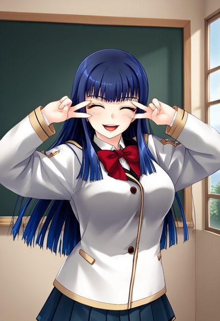 score_9,score_8_up,score_7_up,source_anime,5_figner,2d_animation,game cg,BREAK,1girl,Misato Amano,long hair,bangs,blue hair,yellow eyes,blunt bangs,smile,open mouth,blush,holding hands,closed eyes,
school uniform,white jacket,pleated skirt,red bowtie,shirt,impossible clothes,
large breasts,front view,bivgtsav, hands on own face,
school,class room,blackboard,window,standing,
masterpiece,best qualit,ultra-detailed,illustration,an extremely delicate and beautiful,beautiful detailed eyes,unity 8k wallpaper,high resolution,anime CG,official_art,