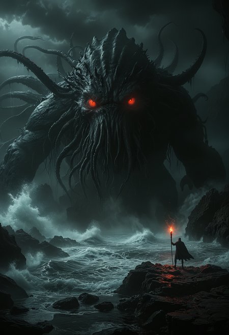 a dark foreboding scene, a colossal ancient creature emerging from the depths of the sea, the creature has a massive tentacled form with glowing red eyes casting an eerie light, a lone figure holds up a red torch standing on the rocky shore, its light barely illuminating the surroundings, The atmosphere is heavy with tension the sea crashing violently against the rocks, the creature's immense size dwarfing the solitary human, lone figure against the ancient, otherworldly beast, color palette is dark, deep blacks and greys, high contrast, <lora:MJ52:0.5>, <lora:add-detail-xl:1>, <lora:ral-ertmsphr:0.5>