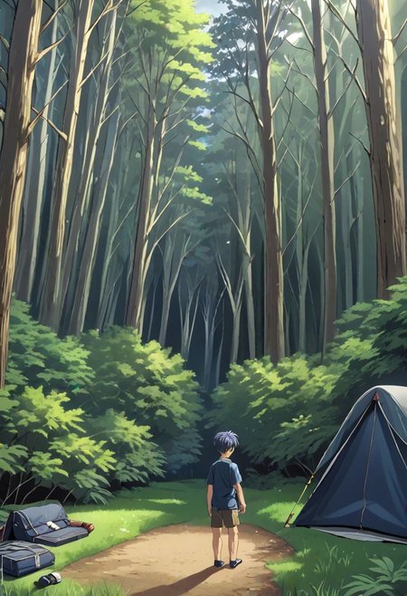 high resolution, solo, best quality, 1Boy, Tomoya Okazaki, Grey Blue Hair, forest, camping, OverallDetail