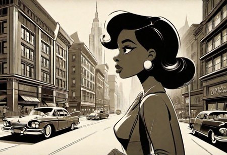 a woman downtown   <lora:BW_Vintage_Cartoon:1.0>