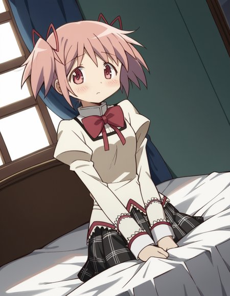 score_9, score_8_up, score_7_up, source_anime, <lora:madoka-kaname-s1-ponyxl-lora-nochekaiser:1>, madoka kaname, short hair, ribbon, twintails, hair ribbon, pink hair, pink eyes, short twintails,, skirt, school uniform, mitakihara school uniform, puffy sleeves, plaid skirt, pleated skirt, bowtie, red bowtie, bedroom, bed, pillows, nightstand, window, , hands on stomach, blush,, looking at viewer, solo,, dutch angle, cowboy shot