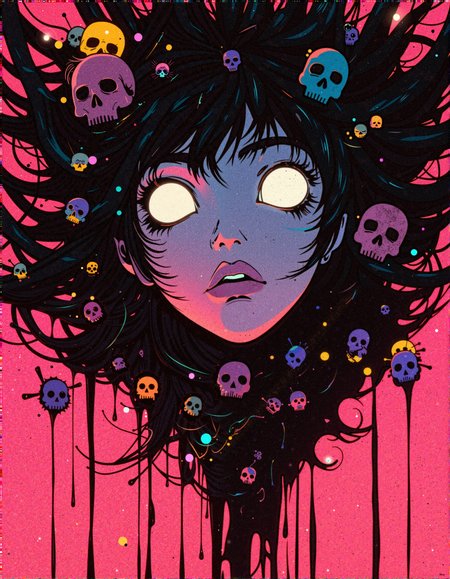 retro anime artstyle, 
A chilling dark surrealist horror painting of a ghostly female figure emerging from the shadows, her hollow white eyes glowing ominously, staring into the void with an eerie, hypnotic presence. Her face is pale and ethereal, almost spectral, surrounded by chaotic neon-colored splashes of electric pink, cyan, and toxic yellow, dripping like liquid nightmares across the void. Her hair, resembling tangled black ink, melts into the background like living darkness, intertwining with phantasmal shapes and hidden skulls, forming a macabre yet mesmerizing composition. The abstract splatter technique gives the illusion of a decayed reality unraveling, as if she is dissolving into the abyss, while the glowing neon hues create a stark contrast against the deep void-like blacks, evoking themes of existential dread, psychedelic horror, and haunting beauty.
 <lora:RetroAnimeFluxV1:0.75>