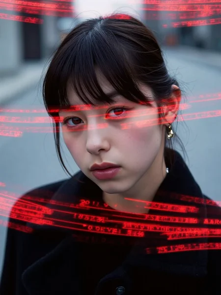 There are wonderful studio lights and various reflections,
18yo beautiful cute girl with blushing and female orgasm.skin naturally showing the texture of blood vessels and detailed pale skin,
--,
<lora:Nakajo_Ayami_f1:1>,she is Nakajo Ayami, Lines of Movement, HAS12345.3FR, A close-up of a young womanâs face dominates the frame, partially obscured by streaks of fast-moving digital text in red and black. Her expression is calm and composed, her dark eyes focused ahead with a quiet intensity. The lighting is soft and cool, highlighting the smooth texture of her skin and her hair, which blends with the shadows of her black coat. The woman stands in an urban setting, but the background is blurred with motion, fading into soft grays and blues, indicating the city but leaving it abstract.The red streaks of digital text, sharp and bright, cut across the scene horizontally, giving the image a futuristic, cyberpunk feel. The contrast between the womanâs soft, natural features and the harsh, glowing text creates tension, as though she exists between two worldsâone of calmness and one of fast-paced digital information. The composition draws the viewerâs eye to the womanâs face while also directing attention to the moving text that surrounds her. The interplay of light and shadow is subtle, allowing the glowing text and the woman's focused gaze to take precedence.The overall atmosphere is mysterious and slightly futuristic, evoking themes of technology, modern life, and isolation in a digital world. The image suggests a person in tune with both the physical and digital environments, navigating between them with ease.,,