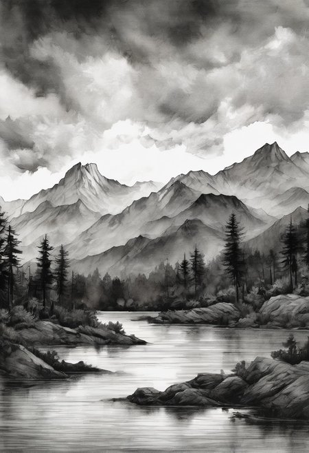 score_9, score_8_up, score_8_up, ((Cinematic composition)),((masterpiece)), (resplendent lighting), absurdres, very fine detail, 8k. Deep rich colours.
Charcoal and ink. a traditional Chinese landscape with mountains, a lake, stormy skies, pine trees and palette knife textures, sunset through the clouds, modern art. 
<lora:sdxl_lightning_8step_lora.safetensors:1.0>, <lora:add detail xl.safetensors:1.5>
