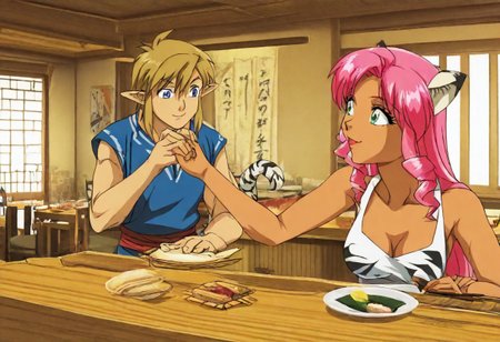 Pink_DragonPink, 1girl, sleeveless dress, white tiger print dress, pelvic curtain, cleavage, white tiger tail, red sash, small breasts, leather shoes, masterpiece, very aesthetic, cute expression <lora:pink-illustrious:1>, japanese restaurant, counter, showcase, omakase, sushi plate
Break
(anime, anime coloring:1.3),1boy,Anime screencap,link (zelda),blonde hair,blue eyes,pointy ears, wearing blue hyilian tunic, holding chopsticks, Link feeding dragonpink sushi, indoor, chair, window, japanese restaurant, counter, showcase, omakase, sushi plate, wooden plate,
Dragonpink and Link happily enjoy a meal, indoors, chair, window, japanese restaurant, link and dragonpink feed each other sushi, link and dragonpink holding hands, link and dragonpink kissing, counter, showcase, omakase, sushi plate, wooden plate, both dragonpink and link upper bodies in frame, smiling at each other