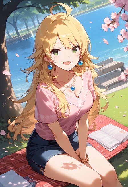 score_9,score_8_up,score_7_up, source anime, rating_safe,
<lora:Expressive_H:1.0>, uncensored,
1girl, <lora:KisaragiChihaya_pony_v1:0.9>, hsimk, long hair, blonde hair, bangs, ahoge, green eyes, large breasts, 
pink shirt, (denim pencil skirt, miniskirt:1.1),  earrings, necklace, bracelet,
looking at viewer, solo,
dating, picnic, (lunchbox:1.1), seat, on seat,
outdoors, park, on grass, tree, cherry blossoms, Cherry blossom leaves dancing, sunlight filtering through the trees,
sitting, wariza, hand between legs,
(dutch angle), (from above:1.1),
against tree,
smile, open mouth,
masterpeice, best quality, very aesthetic, absurdres,