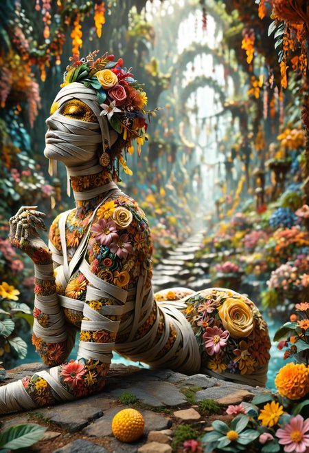score_9, score_8_up, score_7_up, masterpiece, best quality, very detailed awesome mummy made of flowers, magical landscape with enchanted elements, fantasy art style, lemon yellow theme, intricate details, ultra sharp, exquisite detail, flawless composition, vivid colors, masterpiece, exciting background,  <lora:SlimesFlowerWorldMorph:0.89> slimes_flowerwm,