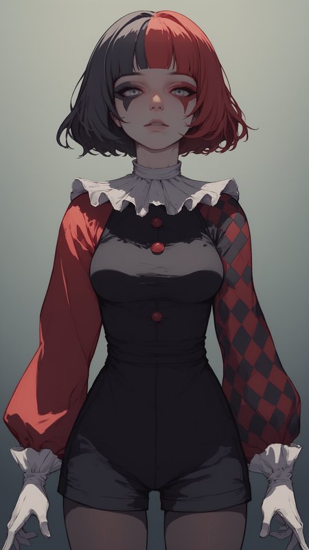 score_9, score_8_up, score_7_up, 
<lora:Muff_PDXL:1>, Маф, 1girl, white gloves, grey eyes, frilled sleeves, split-color hair, half red half black color hair, two colors rhombic makeup, neck ruff, bob cut with blunt bangs, medium breasts, ruffled collar, two colors argyle sleeve, red sleeve, black romper, black pantyhose, solo, 
front view, facing viewer, cowboy shot, 
adult girl, 21 y.o., teen, <lora:Sinozick_Style_XL_Pony:1> sinozick style, dark theme, flat color,