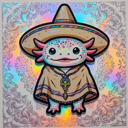 vibrant reflective holographic drawing in the style of ckhg of a simple depiction of an axolotl wearing a sombrero and a poncho with a simply drawn face with smile, with 6 freilly gills and an ornate holographic design back ground<lora:Axomodel_Flux_V1.1.safetensors:1.0:1.0> <lora:ck-holographic-glitter-000015.safetensors:1:1>