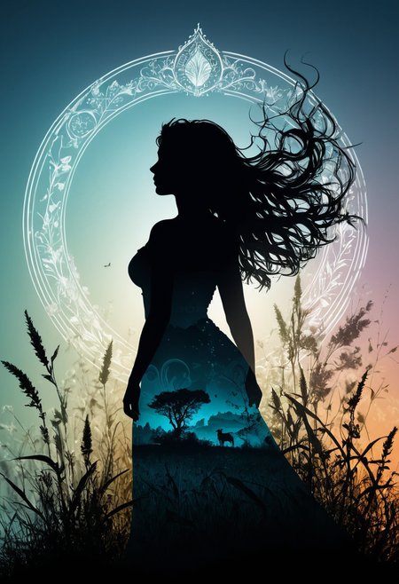 Midjourney, Midjourney style, realism, cinematic quality, Double exposure illustration of a goddess silhouette integrated with a spring field, goddess details blended into the backdrop, monochrome background in sharp focus, full color, crisp lines inspired by Jean Baptiste Monge, Thomas Kinkade, David Palumbo, Carne Griffiths, CG graphics, high quality, 8K Ultra HD, vivid colors, cinematic