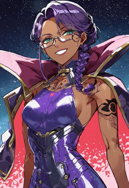 score_9_up, score_8_up, score_7_up, very detailed, 
1girl, dark skin, multicolour hair, coloured stripes in hair, dark purple hair and dark green hair, braided hair, sci fi glasses, transparent glasses, thick framed glasses, tattooed face, small breasts, cybernetic augmentations, cyborg body parts, elegant clothes,  purple  ballgown,  flowing dress, flowing red cape, colourful clothes, neon lights on clothes,  royalty, night time, starry skies, 
sly smile, arrogant expression, cyberpunk city in background, starry sky in background, from stomach up, portrait style, anime style, detailed face, best detail, (best quality:1.5), masterpiece, (high resolution:1.5) 
ng_deepnegative_v1_75t, OverallDetail, , Expressiveh