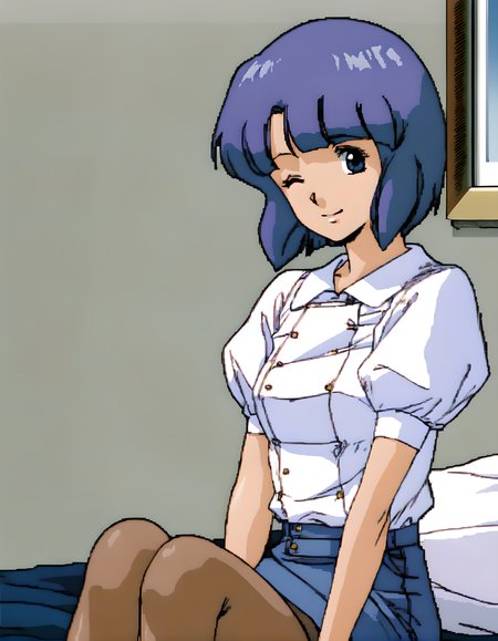 <lora:pony_xl_miki>,miki,score_9,score_8_up,score_7_up,source_anime,1girl,best quality,masterpiece,super fine illustration,solo,white shirt,puffy sleeves,pencil skirt,denim_skirt,pantyhose,indoor,bed_sheet,window_,curtains,cowboy_shot,sitting,hand_between_legs,wariza,knees_together_feet_apart,smile,one eye closed,
