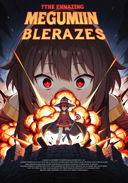 masterpiece, amazing quality, best quality, ultra-detailed, 8K, ultra-detailed-eyes, newest, highres, absurdres, english text, megumin, explosion, glowing eyes, red eyes, 
