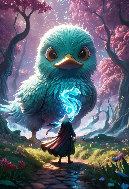 Dave the Duck facing giant alien monsters, whimsical fantasy scene, Gandalf the Grey battling Voldemort in the background, pure magic flowing through the air, vibrant colors, dreamlike atmosphere, digital art, art by Yuumei and Ross Tran, 8k resolution, concept art with a focus on environmentalism and femininity, characters in action, pastel colors, detailed and imaginative composition. 
concept-art, fantasy, epic, majestic, magical, dreamy, perspective, light and shadow, moody, epic, 
beautiful, painterly, aesthetic, textural, vivid, vibrant, intricate details, highly detailed, ultra-detailed, absurdres, 
novuschroma53 style, DonMM4g1cXL, aid291, bosstyle