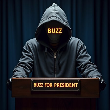 the words buzz glow from inside a hood figure behind a podium that has a plaque thatreads buzz for president
