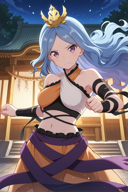 absurdres, highres, masterpiece, best quality, amazing quality, official anime artwork, screencap, anime screencap, outdoors, looking at viewer, dynamic pose, 
 <lora:Ubame-Chirizuka_Illustrious:1> chirizuka ubame, 1girl, solo, purple eyes, blue hair, long hair, wavy hair,, gold crown, bare shoulders, multicolored crop top, sleeveless shirt, black arm wrap, black ribbon, midriff, orange skirt, purple ribbon, 
night, danmaku, floating hair, temple, shrine,