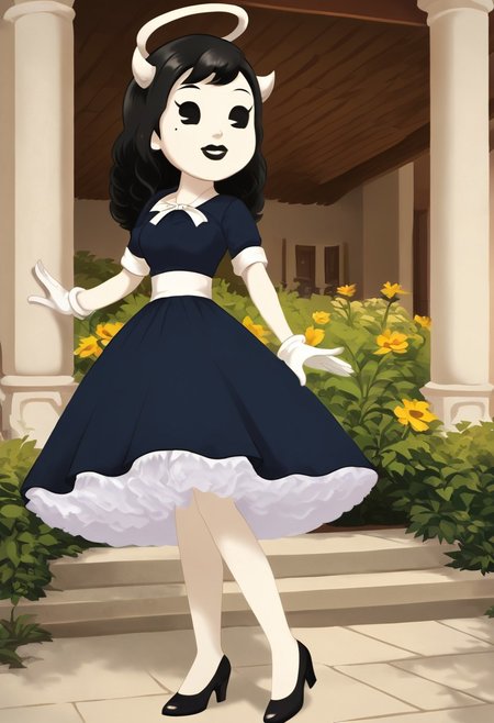 (Masterpiece, best quality:1.2), score_9, score_8_up, flat color, flat shading, soft shading, lighting, Alice Angel in a 1950's dress with a button down top, a fluffy frilly ruffled full petticoat, and high heels, dress, layered petticoat, frilly petticoat, fluffy petticoat, full petticoat, wide dress, flowing dress, long skirt, solid colored skirt, short sleeves, black hair, Bendy and The Ink Machine, series accurate, cute, best high quality, high res, black lips, white colored skin, whole body shot, 1girl, solo, outside, standing straight, in a garden, cute, adorable, smile, low angle shot, cartoon, cartoon style, vector, solo, circle dress, 1950s, alice angel
