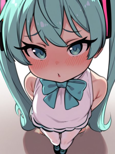 masterpiece, best quality, <lora:style578-a31-000020:1>, 
1girl,hatsune miku,green hair,long hair,twintails, headgear, blush,white dress,white pantyhose,