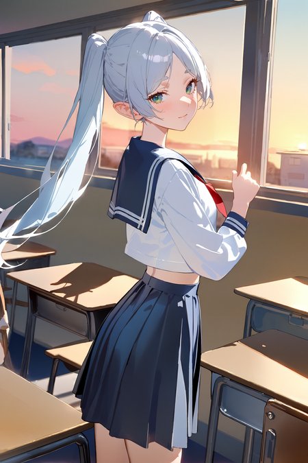 masterpiece, best quality, very aesthetic, ray tracing, newest, (hitenkei, askzy:0.4),1girl, frieren, twintails, school uniform, serafuku, cowboy shot, sunbeam, sunset, classroom, indoors, window, light smile, blush, looking at viewer, facing viewer <lora:quality1:0:hr=2>,  <lora:Char-Frieren-XL-V1:0.9>