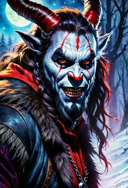 mj, cinematic, Krampus, 4k, Gabriele Dell'otto, AI Midjourney, bright saturated colors, watercolor, oil paints, HDR, 500px, 4k,