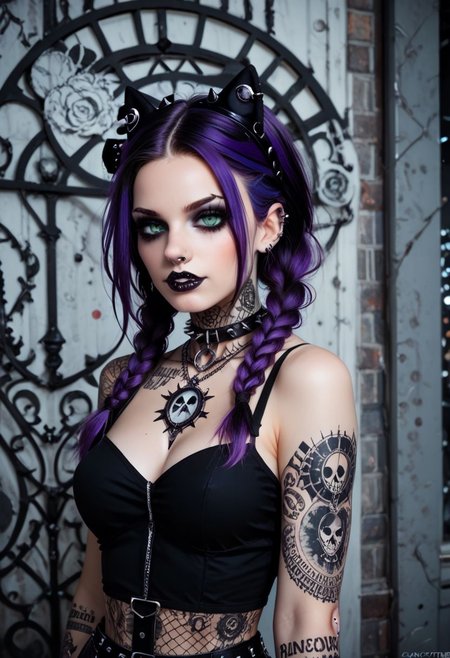 score_9, score_8_up, score_7_up, BREAK
Aesthetic: ((goth, dark, macabre, subculture, fashion, music):1.4) BREAK,
lighting: Chiaroscuro Lighting Style, detailed, clean, urban scenery, ink BREAK
Quality: intricate, highly detailed, sharp focus, realistic, 8k BREAK
Appearance: (22 years old), white girl, greek girl, green eyes, detailed eyes, perfect eyes, twin braids, violet hair, BREAK
(good quality:0.996), BREAK
