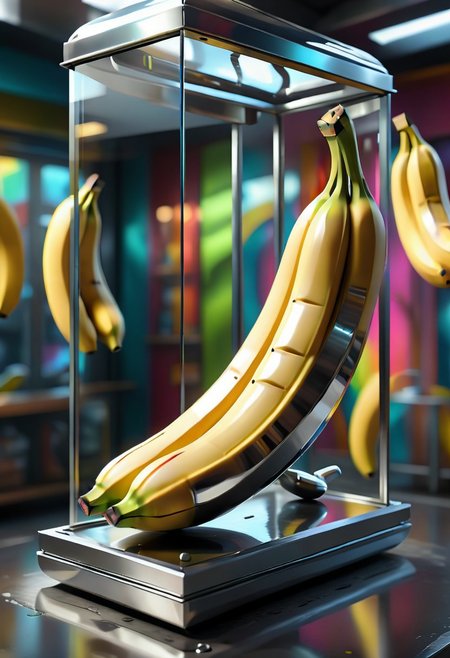 a magnificent floating banana made up of Jed-Steel, inside a glass case, a colorful sex shop interior in the background