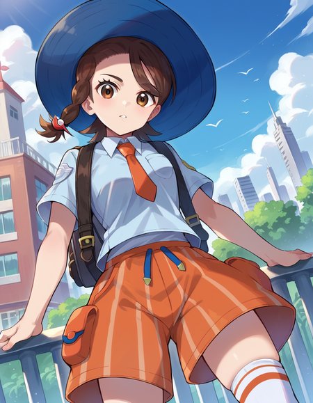 score_9, score_8_up, score_7_up, source_anime,
pokemonjuliana, <lora:pokemon-juliana-ponyxl-lora-nochekaiser:1>
pokemonjuliana, braid, brown eyes, brown hair, hair ornament, hairclip, side braid, single braid, swept bangs,
backpack, bag, blue headwear, blue shirt, breast pocket, collared shirt, hat, kneehighs, naranja academy school uniform, necktie, orange necktie, orange shorts, pocket, school uniform, shirt, short sleeves, shorts, socks, striped, striped shorts, sun hat, white socks,
outdoors, cityscape,
looking at viewer, cowboy shot, dutch angle,