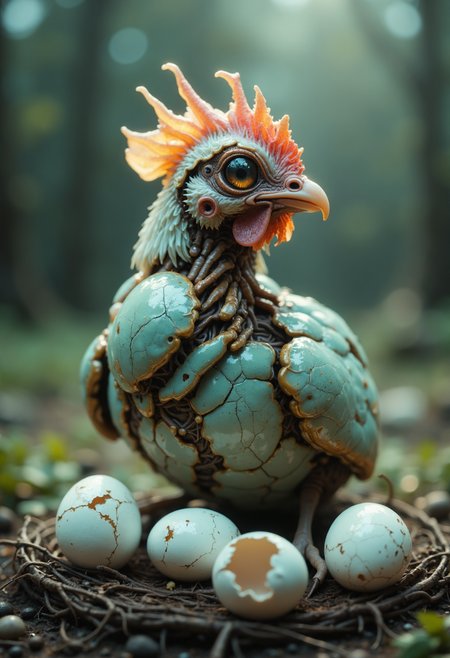 cinematic film still (chicken:1.5) made out of b10t4c34an, iridescent exoskeleton, (outdoors on a farm:1.5), (sitting on:1.45) a nest of cracked broken (alien eggs:1.75)  . shallow depth of field, vignette, highly detailed, high budget, bokeh, cinemascope, moody, epic, gorgeous, film grain, grainy