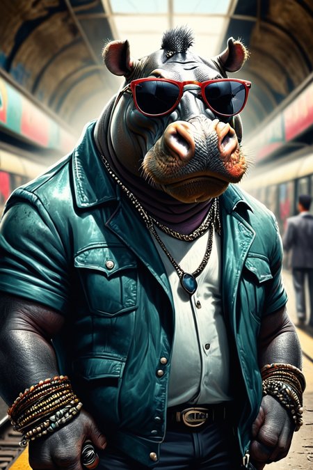Detailed digital illustration of an anthro Hippopotamus (Wearing sunglasses, radiating cool confidence) at a Abandoned subway station turned black market, <lora:xl_more_art-full_v1:0.5>,  <lora:anthro_muscular:0.7>,  <lora:MJ52:0.6>, <lora:madpunk:0.4> madpunk