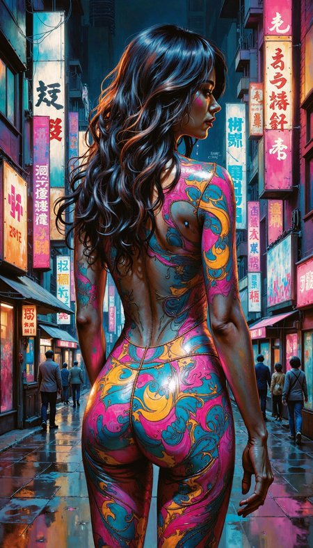 watercolor style,ARCHSLRA,a hand-drawn sketch and watercolor style,drk,intense opalescent inlay style, A lone female figure stands amidst the chromatic cacophony of a futuristic nocturnal cityscape.  Her form, clad in a skintight, luminescent suit, is partially obscured by the effulgent glow of neon signs, their kanji characters blurring into an abstract tapestry of light.  Her long, dark hair cascades down her back, shot through with streaks of electric color as if channeling the energy of the metropolis. The camera adopts a medium shot, capturing the subject from behind and emphasizing the interplay of light and shadow across her form. The background, a riot of iridescent hues and dazzling reflections, should dissolve into a bokeh of neon and shadow, further isolating the figure and amplifying the sense of urban solitude.