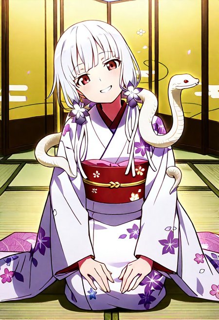 Smooth Quality - Illustrious, sfw,
anime, illustration, nadeko, red eyes,long hair,white hair,snake hair,albino, 
<lora:NSFWFilter_illusXL_Incrs_v1:-1>
<lora:Snake_on_Shoulders:0.8> sn4k3, snake on shoulders, large snake, white snake,
1girl, solo,
japanese clothes, white kimono, furisode, floral print, 
looking at viewer, head tilt, beautiful smile, grin,
golden folding screen, zabuton, tatami,