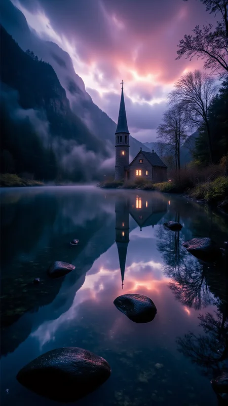 photograph, landscape of a Hallstatt, at Twilight, humor, dreamlike and atmospheric landscapes, dark fantasy art, RAW photo, detailmaximizer, midjourneyv6.1, aidmaglow
