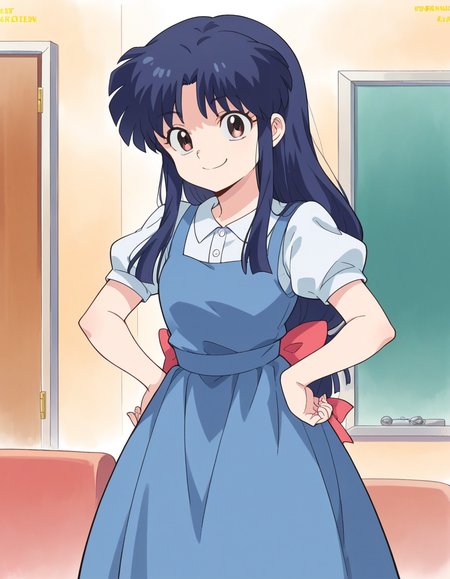 score_9, score_8_up, score_7_up, source_anime, <lora:akane-tendou-leak-ponyxl-lora-nochekaiser:1>, akane tendo, long hair, black hair, brown eyes, blue hair, sidelocks,, school uniform, pinafore dress, short sleeves, collared shirt, puffy sleeves, blue dress,, indoors, smug, smile, looking at viewer, solo, hands on hips,, cowboy shot, dutch angle
