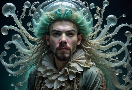long mid shot portrait photography of an ethereal young  pirate man, fairytale aesthetic. light green sheme, Photorealistic, intricate details, realism, sfw, ultrasharp, photography, floating, water, under water, jellyfish, haute couture, tentacles, bioluminescence