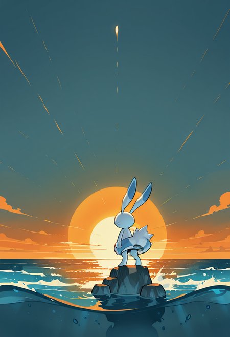 masterpiece, best quality, no humans,    zzWarabbit, tidal pool, rocks, ocean spray, setting sun, wide shot, determined expression, wind-swept atmosphere â Standing on a rocky ledge above a tide pool, zzWarabbit stares out toward the crashing sea. Orange light from the setting sun glints off the water, while ocean spray mists the air around it. The wind tugs at the waves and the silence speaks of coming adventure.   <lora:WarabbitPokedex_IXL:1.0>,