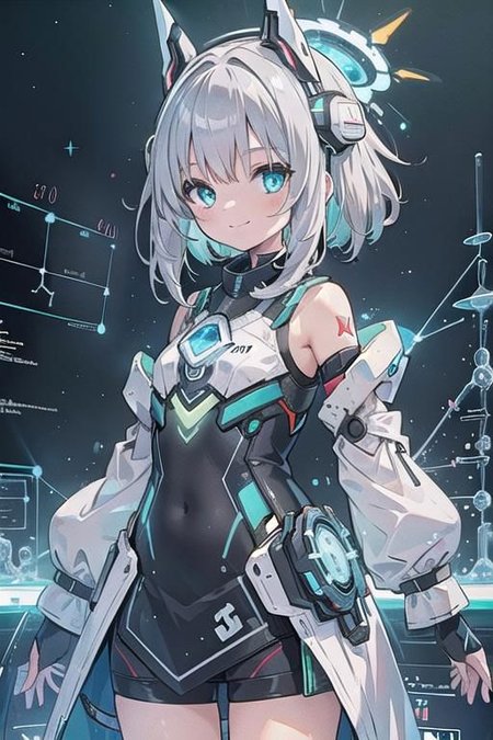 (masterpiece), (science fiction:1.4), 1girl, standing, smile, silver hair, aqua eyes, headgear, long sleeves, detached sleeves, glowing energy clothing, light particles