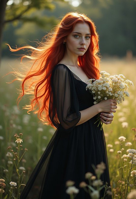 A stunningly beautiful gothic woman embodying the essence of femininity, fertility, and purity, standing gracefully in a sunlit meadow filled with blooming wildflowers. Her long, flowing black redhair, reminiscent of red wine, cascades down her back, catching the light and shimmering like a halo around her. She wears a delicate, ethereal gown made of soft, black sheer fabric that billows gently with the breeze, accentuating her graceful figure and evoking a sense of innocence and serenity. The camera captures her from a low, upward angle, emphasizing her stature and the divine quality of her presence, making her appear as if she is emerging from nature itself. The sunlight filters through the trees, creating a dappled effect around her, and illuminating her flawless white skin, which glows with a natural radiance. Her deep blue eyes, reflecting the beauty of the meadow, are filled with warmth and compassion, inviting viewers to connect with her essence. In one hand, she holds a cluster of vibrant wildflowers, symbolizing life and fertility, while the other  hand gently rests on her heart, signifying love and purity. The background is a soft blur of colorful flowers and greenery, creating a dreamy atmosphere that enhances her ethereal beauty. This portrait captures not only the visual appeal but also the profound essence of womanhood, leaving viewers in awe of the stunning portrayal of femininity and grace.