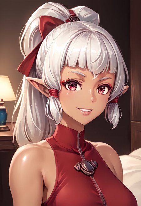 score_9, score_8_up, score_7_up, source_anime, , (best quality) , (highly detailed) , (best quality) , (highly detailed) ,((masterpiece)), ((best quality)), (ultra-detailed), ((extremely detailed)), (high resolution), 4K, (8K), best quality, (beautiful), (dynamic lighting), (super detailed skin), sharp focus, (1_girl, solo focus), shiny skin, masterpiece ,absurdres ,detailed face ,beautiful face , paya, elf ears, Dark skin, Dark Skinned Female, pointy ears, , high ponytail,  hair ribbon, , White Hair
 red lingerie, red bra, lace trim, bedroom, red theme, looking at you, smirk, Ruri
, cinematic lighting, Intricate, High Detail, Sharp focus, dramatic, masterpiece, best quality, ultra-detailed, detailed, detailed body, detailed face, UHD, kawaii, cute, very big eyes, Aesthetic Anime Eyes,  (8k, masterpiece, best quality, ultra-detailed),
diana silverneil,