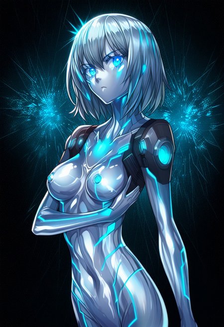 score_9, score_8_up, score_7_up, score_6_up, score_5_up, score_4_up, 2D, ibenz,
BREAK
1girl, liquid mercury, solo,
silver body, medium hair, silver hair, 
((blue lines, blue eyes, glowing eyes)), ((slender, lean, medium breasts)), 
focused, serious, calm,
(cyberspace) black background, blue energy lines, blue code, detailed background,