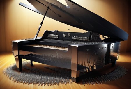 (masterpiece, 2.5D:1.2), (score_9, score_8_up, score_7_up,source_anime), ultra-detailed,24K, best quality, CG, illustration, (Uncorrected), 
fastenerswm, playing_piano_front_view, 
girl is playing piano, 
punk, Instruments made of Fasteners, 
piano made of Fasteners,, Mike made of Fasteners,, Amp made of Fasteners, Speakers made of Fasteners, 
disco club,