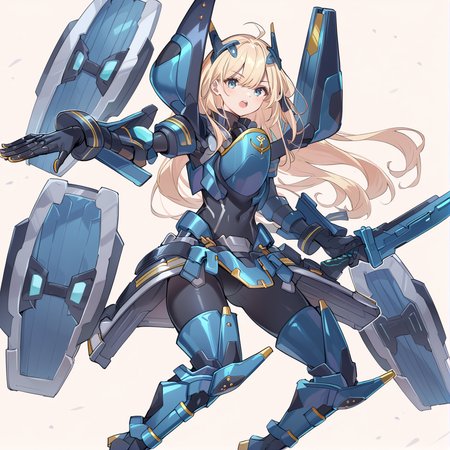 (score_9:0.9),score_8_up,score_7_up,rating:explicit,anime_style,(zPDXL),<lora:Sky striker ace - raye ponyXL v4.1:0.82>,sky striker ace - raye,blue power armor,blue headgear,blue gloves,blue thigh boots,1girl,solo,open mouth,weapon,blue gun,open hand,looking at viewer,floating blue shield,