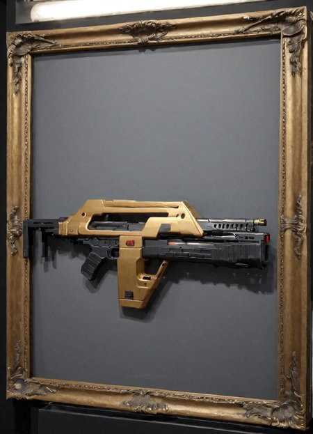a golden frame with a m41apls rifle on display
 <lora:Alice_Wetterlund-000010:1> <lora:Armat_M41A_Pulse_Rifle_-_Aliens_SDXL:1>