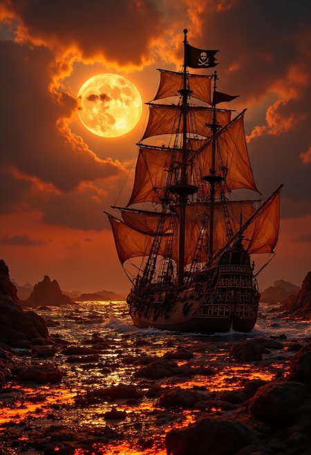 A pirate ship featuring many cannons and a black flag sailing in lava sea, moon is seen in background, hyper realistic, 8k, incredible, beautiful, frightening. aidmafluxproultra